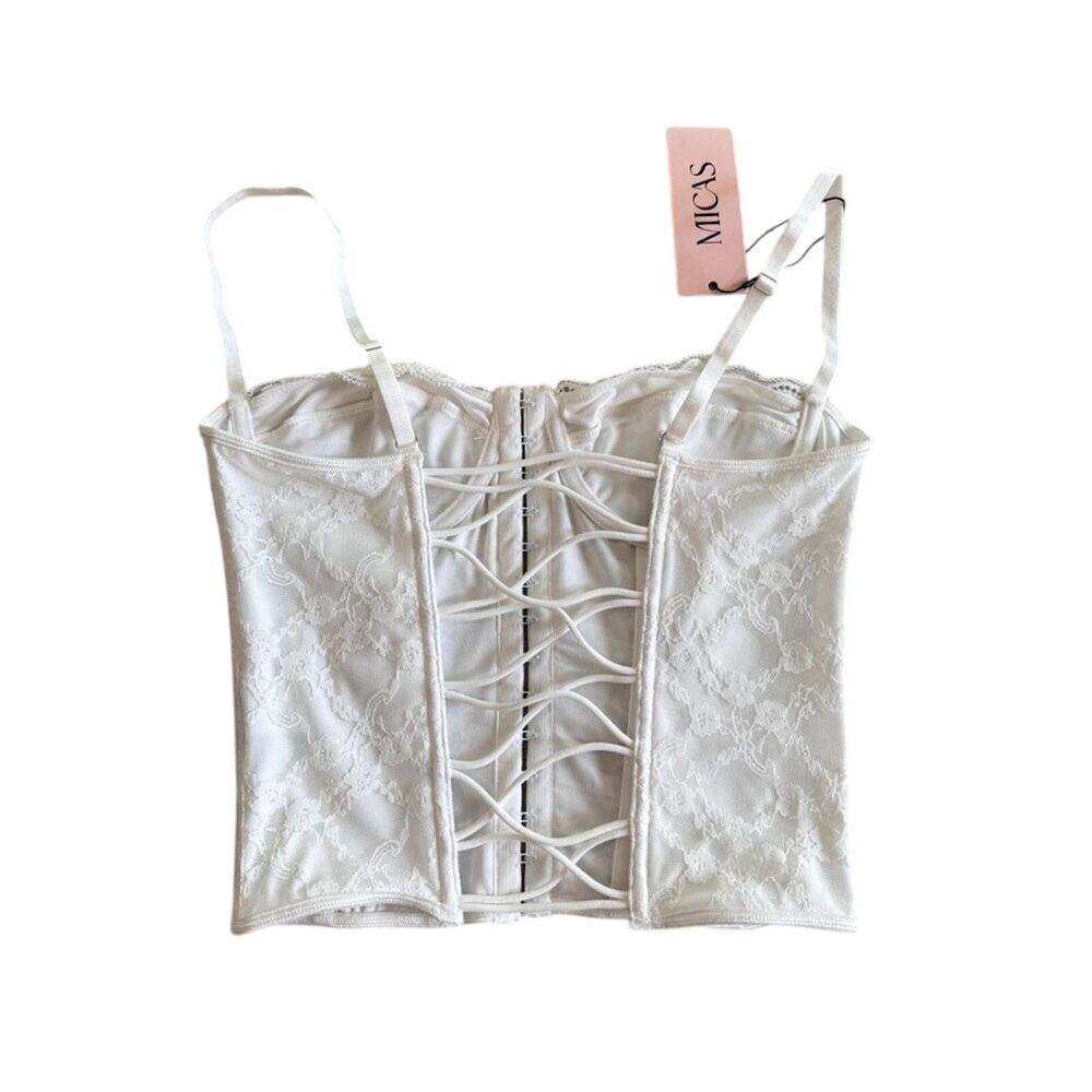 Micas White Lace Corset Top Small Strapless Bustier Hook Front NWT y2k inspired - Picture 5 of 5